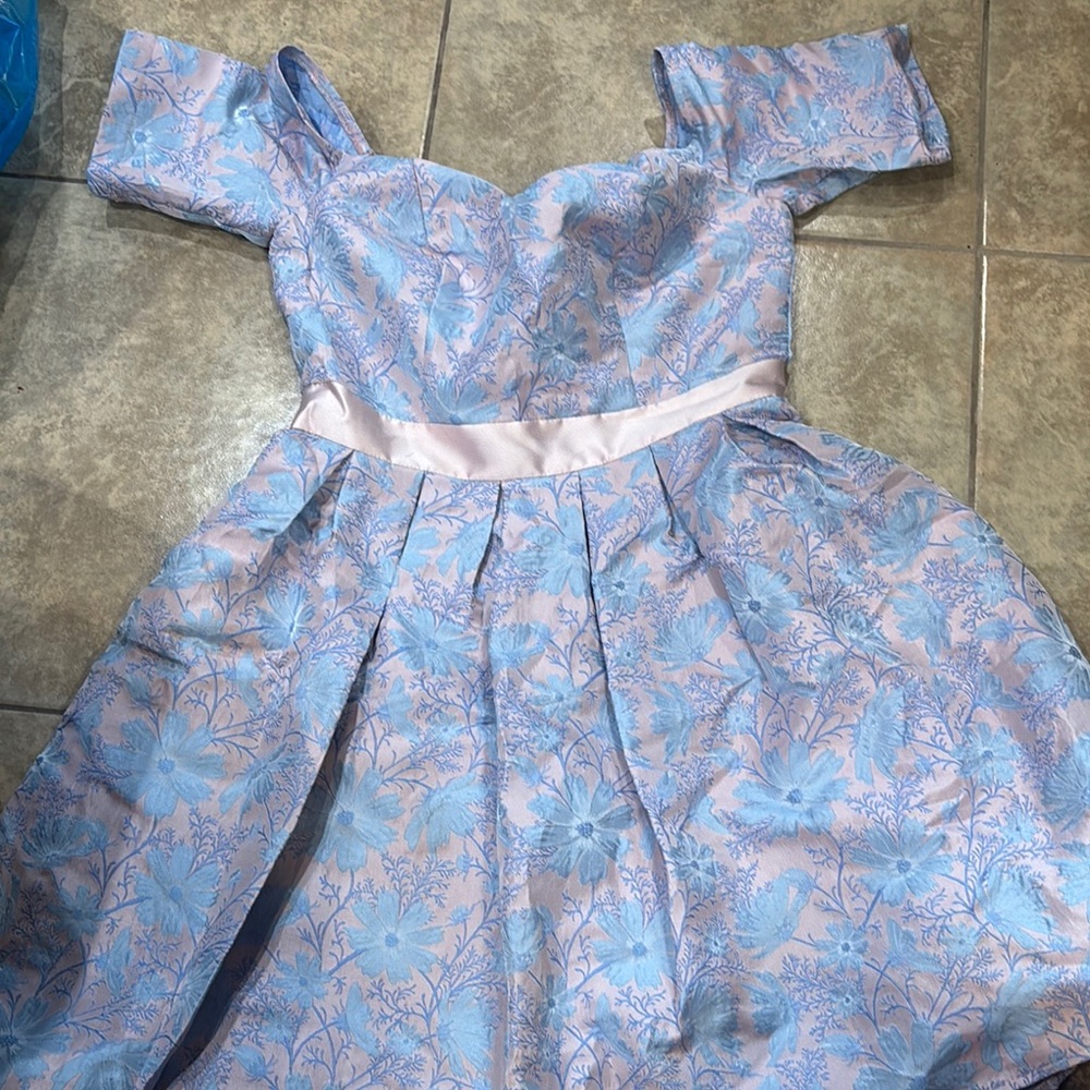Floral Off-Shoulder Dress in Blue and Pink